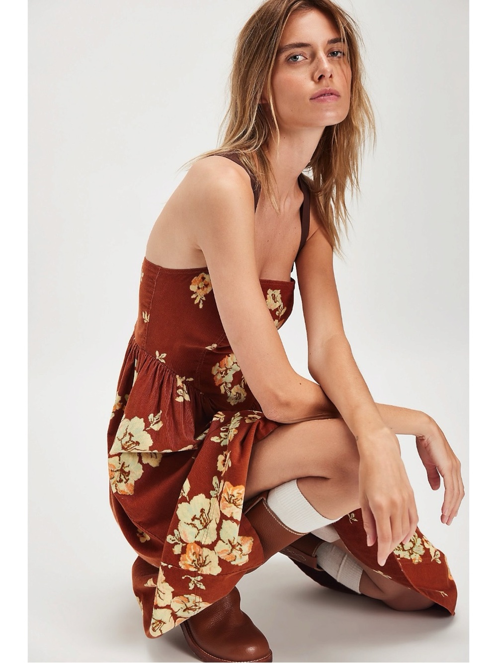 Free People Dainty Cottage Micro Corduroy Until Dawn Midi Dress Brown Large - Picture 9 of 17